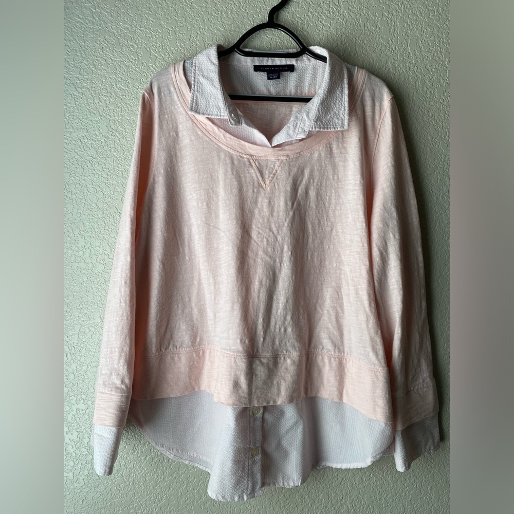 Tommy Hilfiger Peach/Light Pink Business Casual Long Sleeve Top Size XL